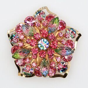 Vintage Iris Glass & Pink Rhinestone Layered Floral Brooch Brilliant Color 1950s